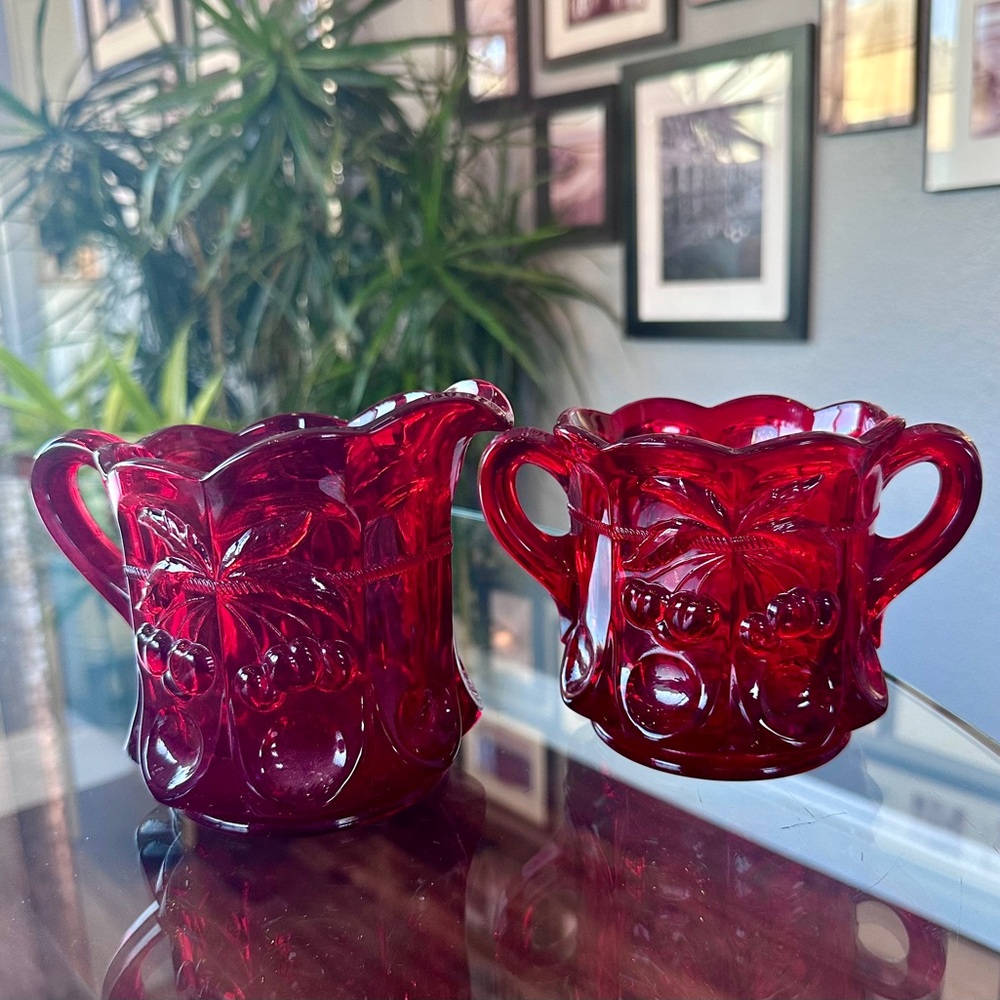 🍒Vintage Mosser Ruby Red Glass Cherry & Cable Creamer and Sugar Set - Mint 🍒